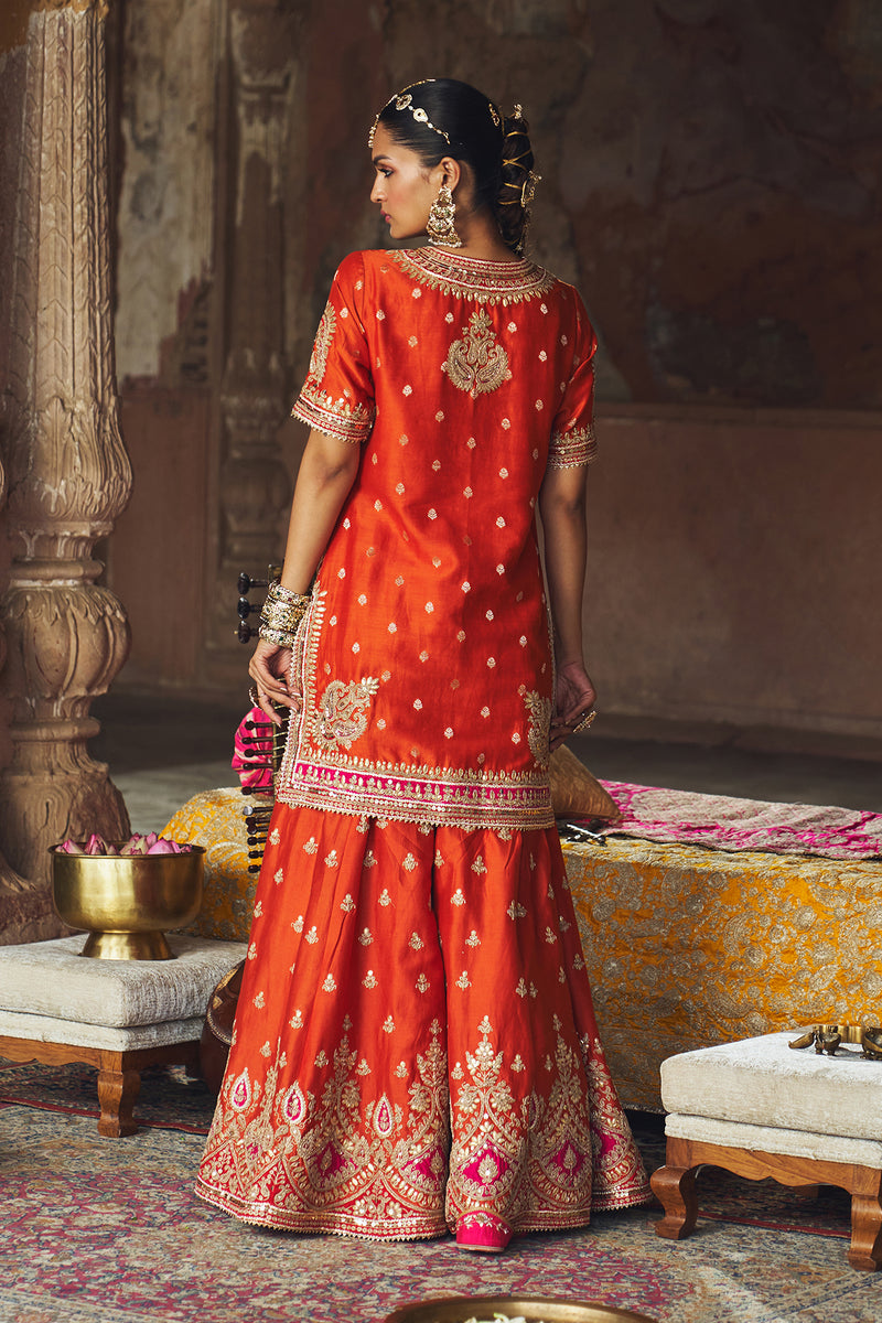 AREESHA - BURNT ORANGE SHORT KURTA WITH SHARARA AND DUPATTA