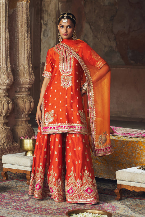AREESHA - BURNT ORANGE SHORT KURTA WITH SHARARA AND DUPATTA