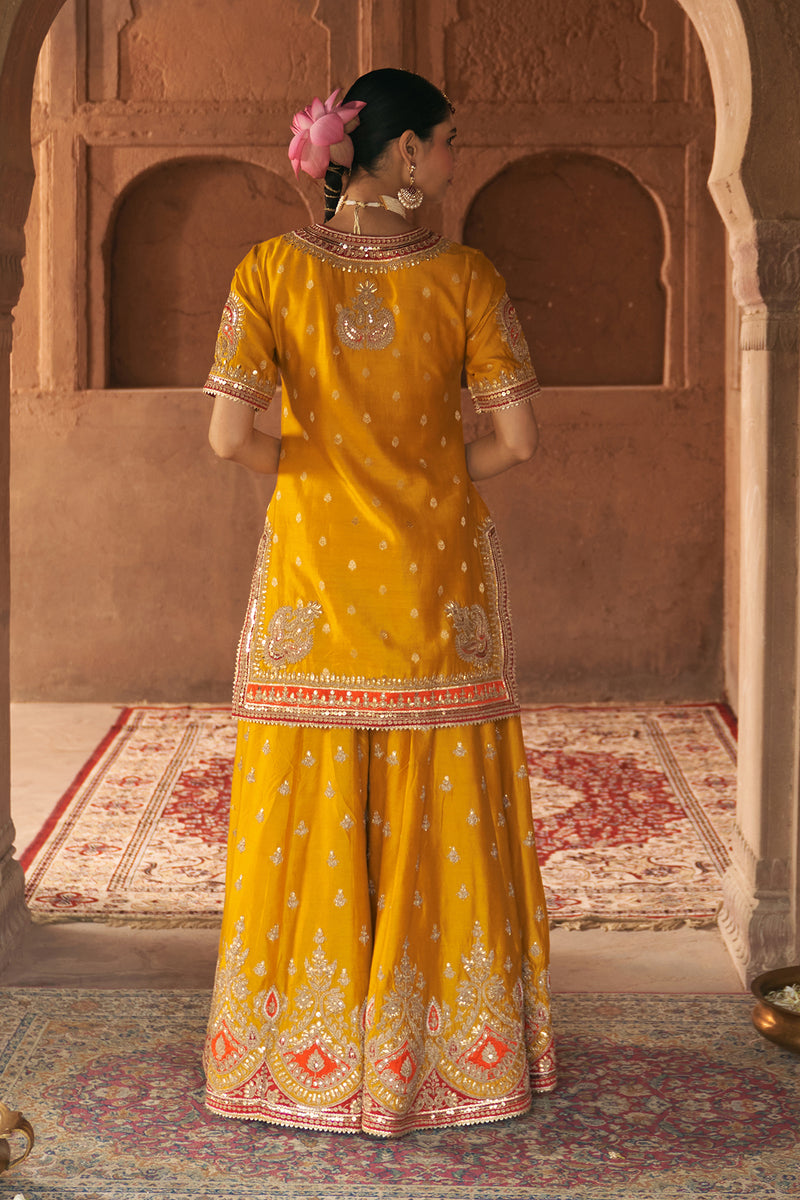 AREESHA - MUSTARD SHORT KURTA WITH SHARARA AND DUPATTA