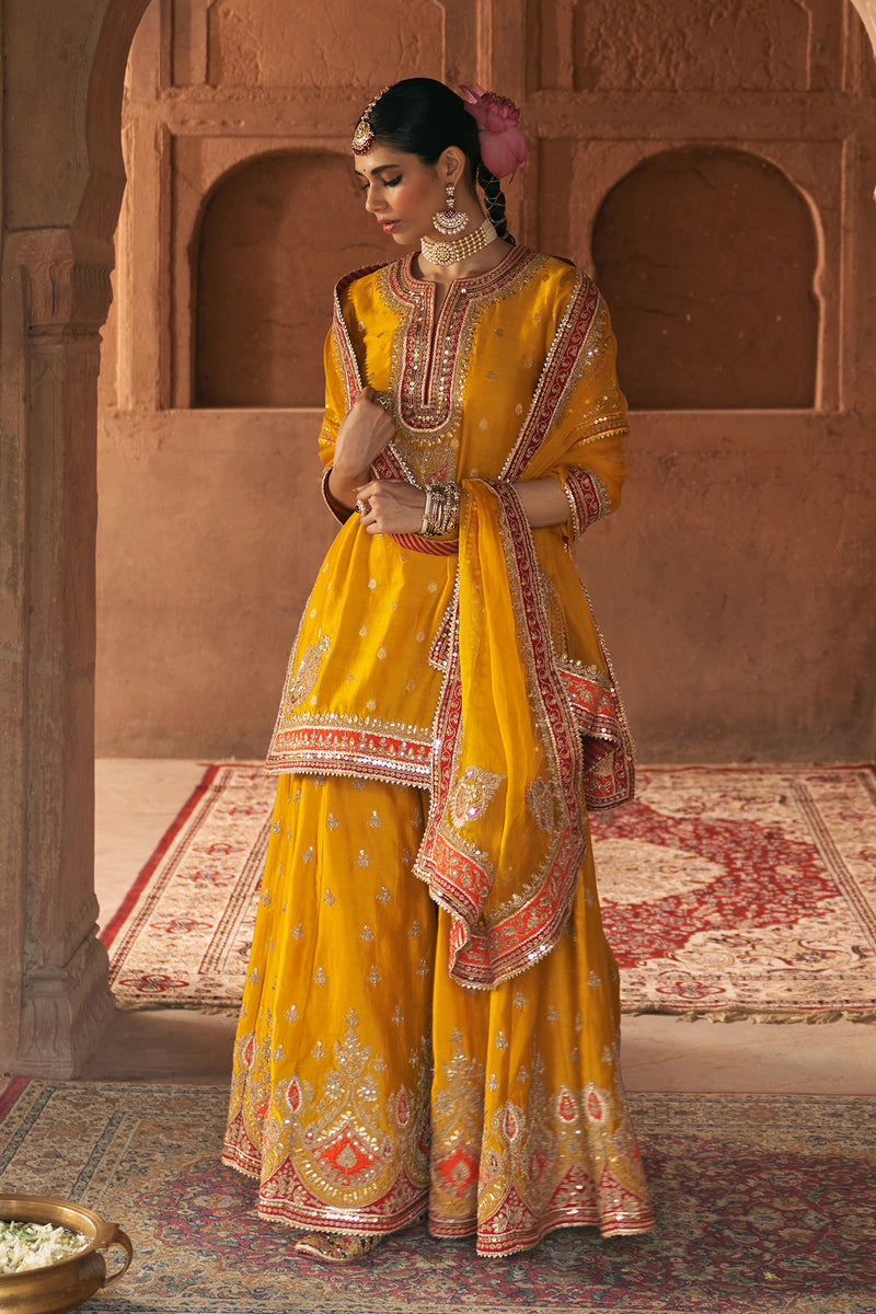 AREESHA - MUSTARD SHORT KURTA WITH SHARARA AND DUPATTA
