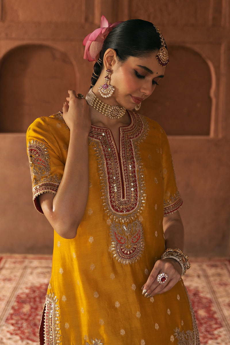 AREESHA - MUSTARD SHORT KURTA WITH SHARARA AND DUPATTA