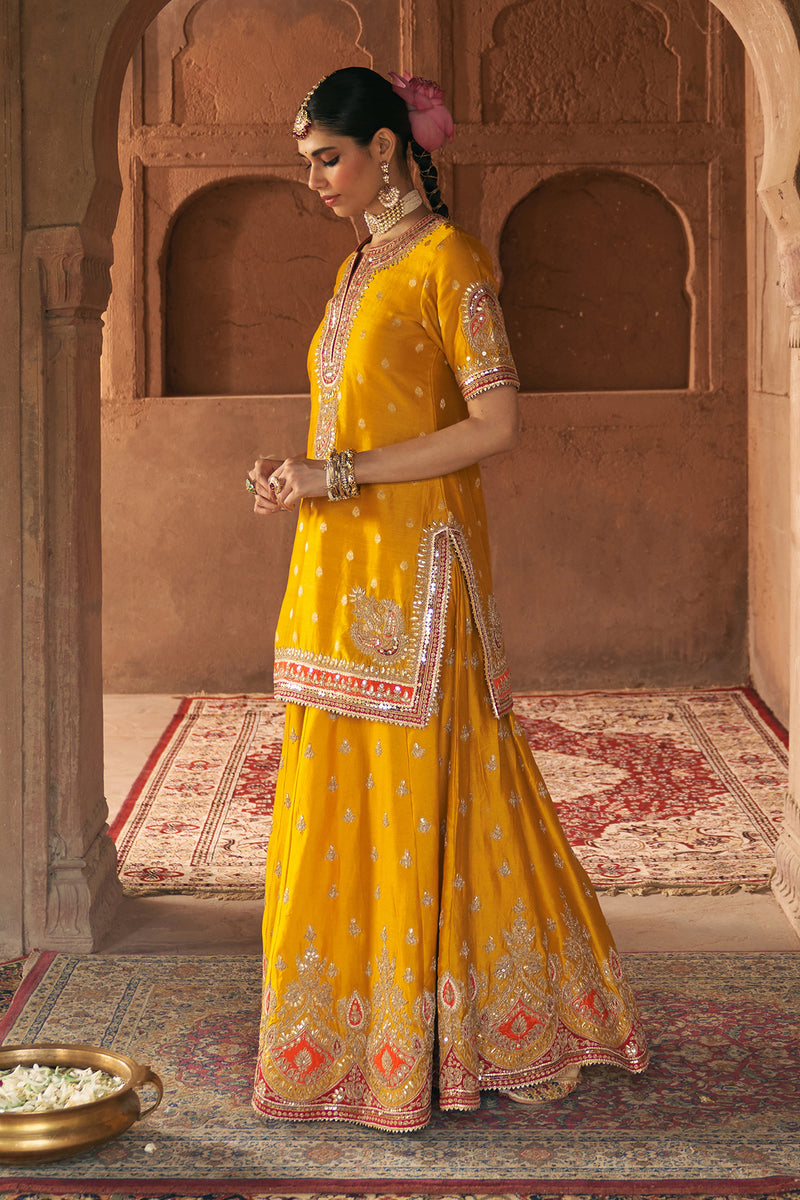 AREESHA - MUSTARD SHORT KURTA WITH SHARARA AND DUPATTA