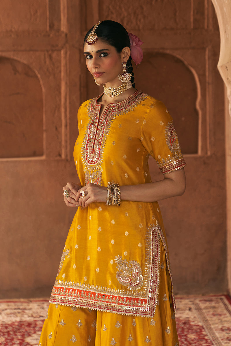 AREESHA - MUSTARD SHORT KURTA WITH SHARARA AND DUPATTA