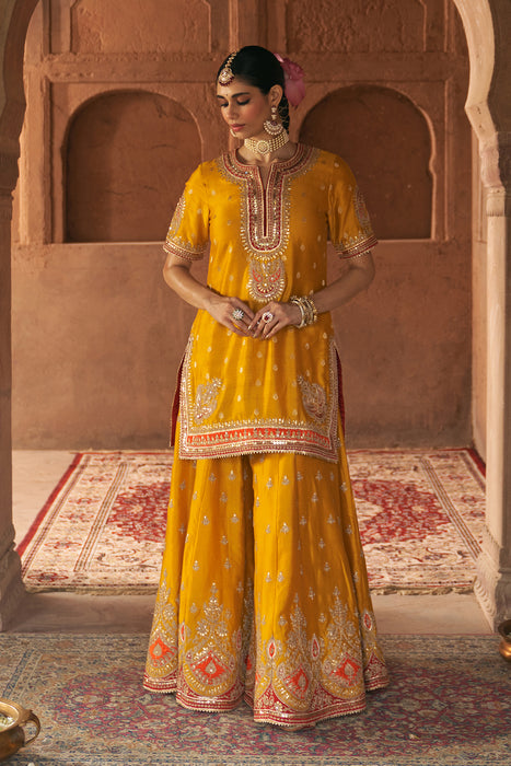 AREESHA - MUSTARD SHORT KURTA WITH SHARARA AND DUPATTA