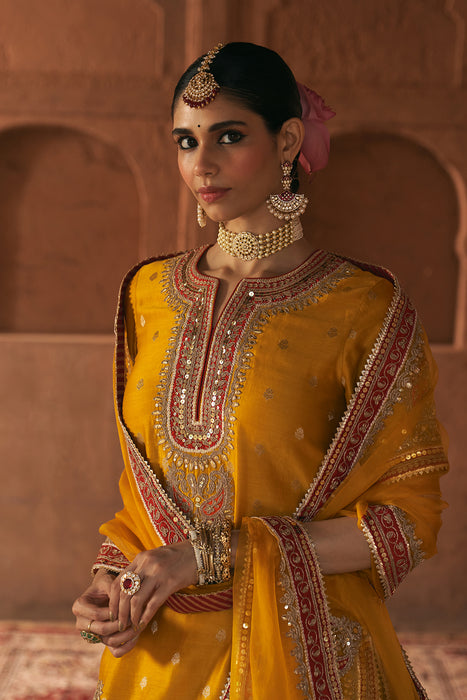 AREESHA - MUSTARD SHORT KURTA WITH SHARARA AND DUPATTA