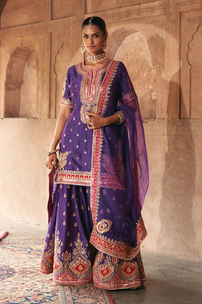 AREESHA - DEEP PURPLE SHORT KURTA WITH SHARARA AND DUPATTA