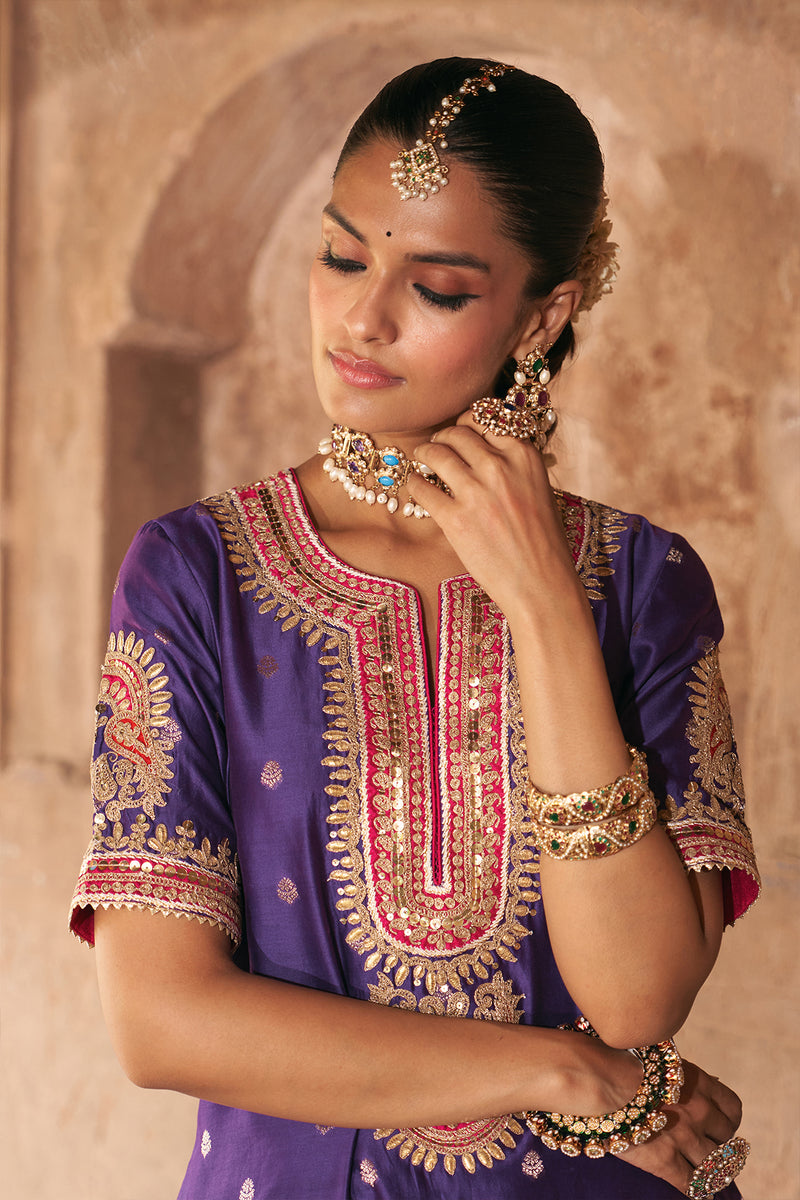 AREESHA - DEEP PURPLE SHORT KURTA WITH SHARARA AND DUPATTA