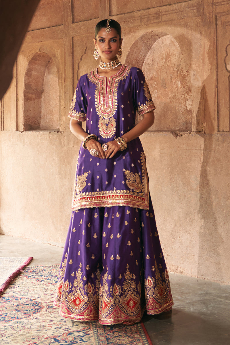 AREESHA - DEEP PURPLE SHORT KURTA WITH SHARARA AND DUPATTA