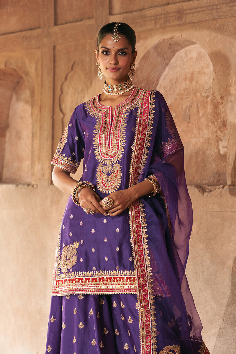 AREESHA - DEEP PURPLE SHORT KURTA WITH SHARARA AND DUPATTA