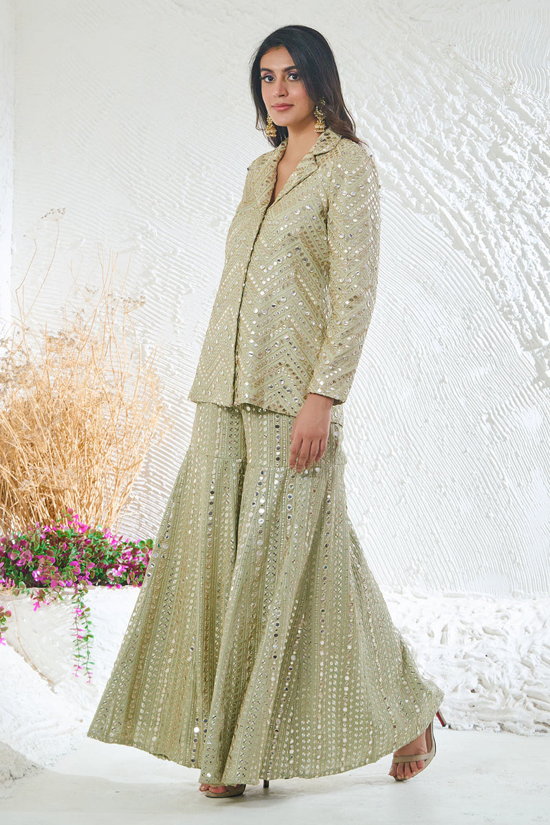 Sage Green Sharara with Short Style Kurta Jacket