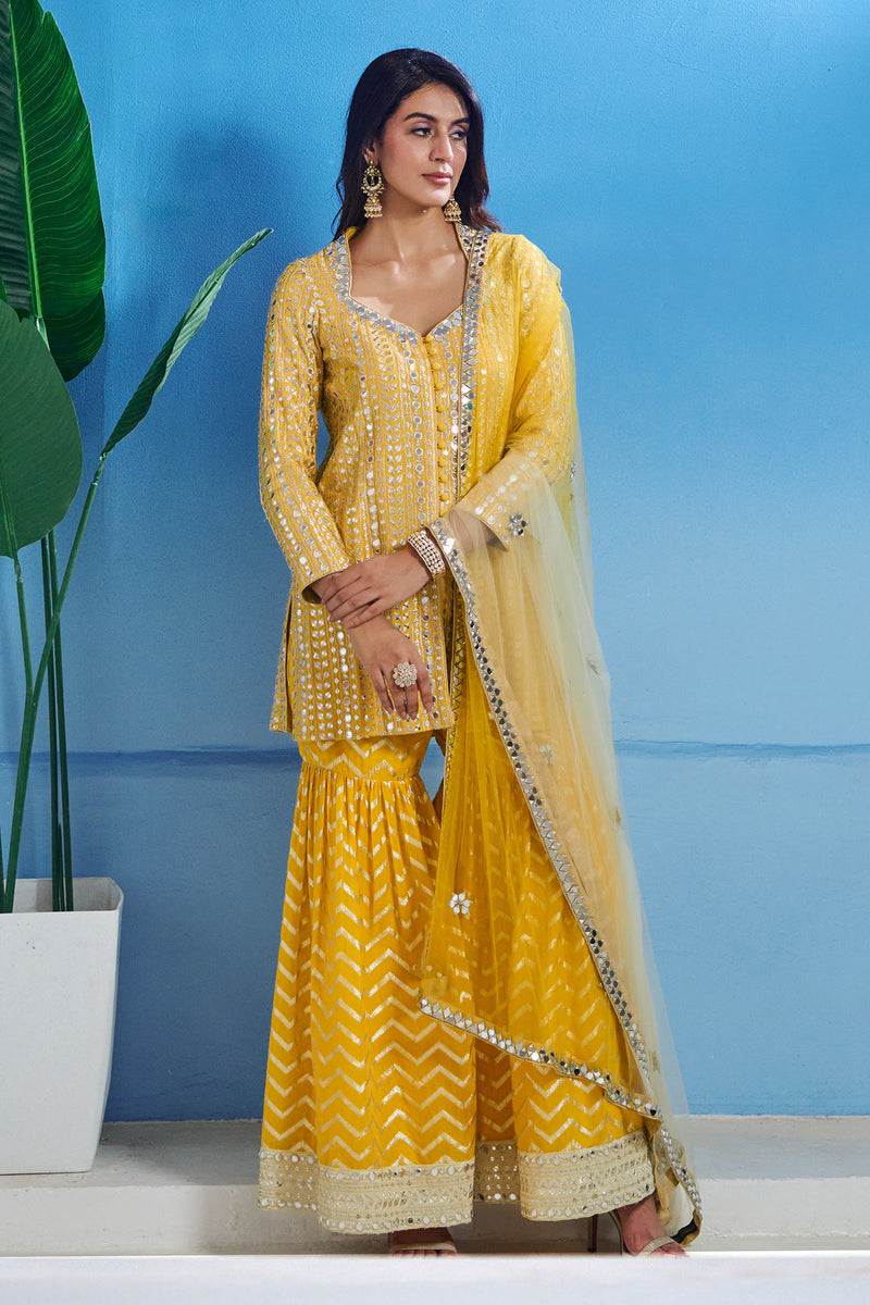 Yellow Sharara with Kurta and Dupatta Set