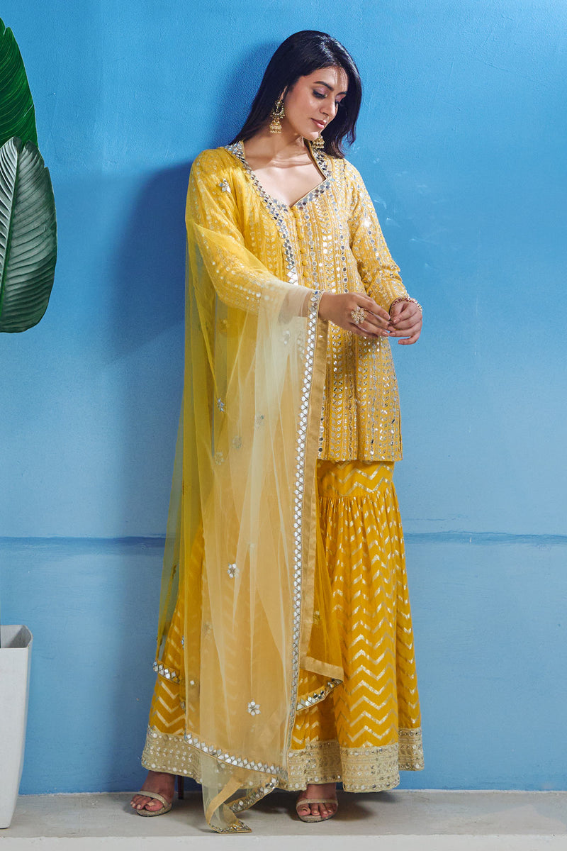 Yellow Sharara with Kurta and Dupatta Set