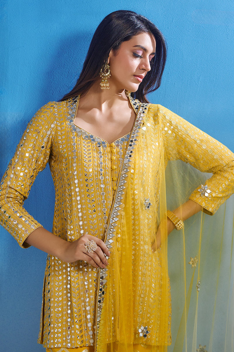 Yellow Sharara with Kurta and Dupatta Set