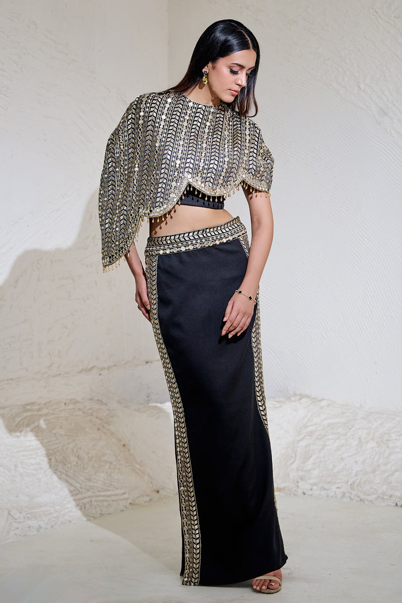 Black High Slit Skirt with Cape and Blouse