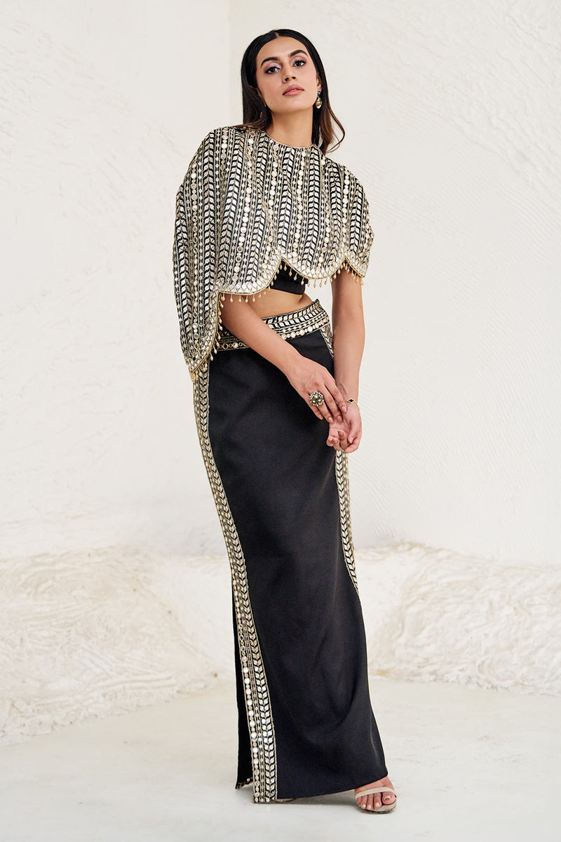Black High Slit Skirt with Cape and Blouse