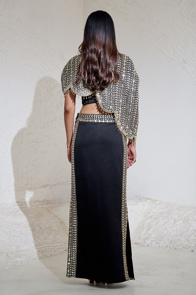 Black High Slit Skirt with Cape and Blouse
