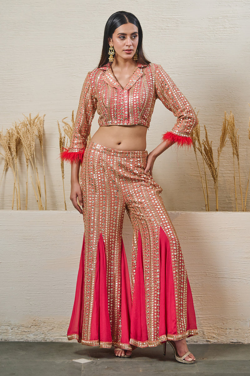 Ombre Peach & red Garara with Short  Full Sleeve Top