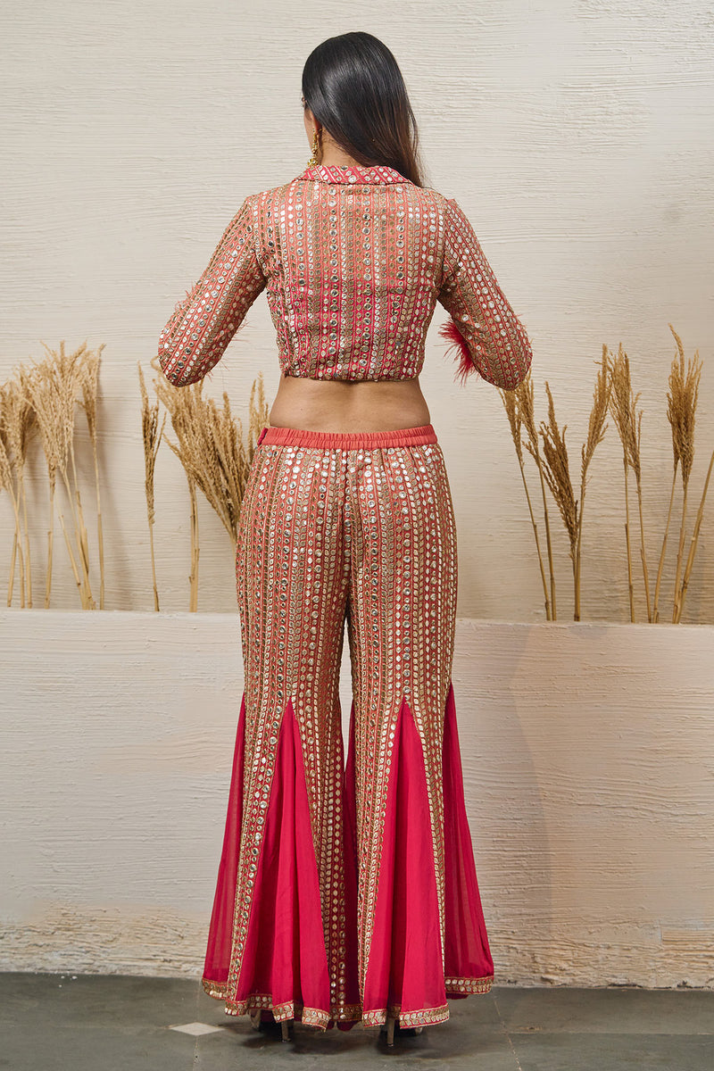 Ombre Peach & red Garara with Short  Full Sleeve Top