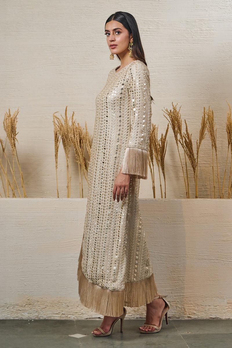 High Low Ivory Dress with Tassel work