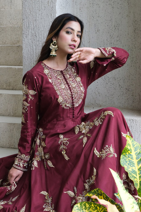 Wine Anarkali Set