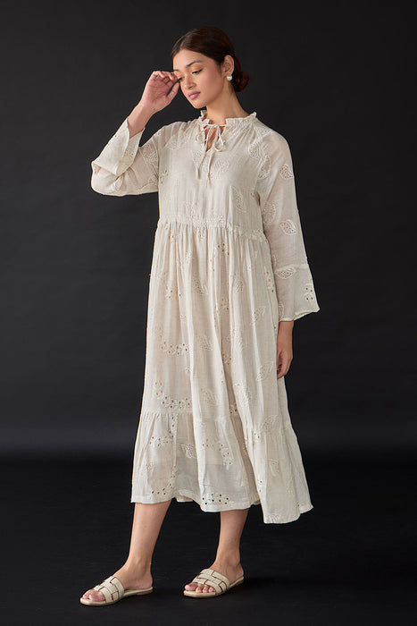 Natural Linen Cutwork Schiffli Dress