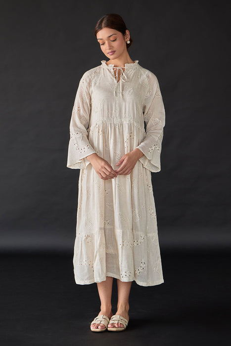 Natural Linen Cutwork Schiffli Dress