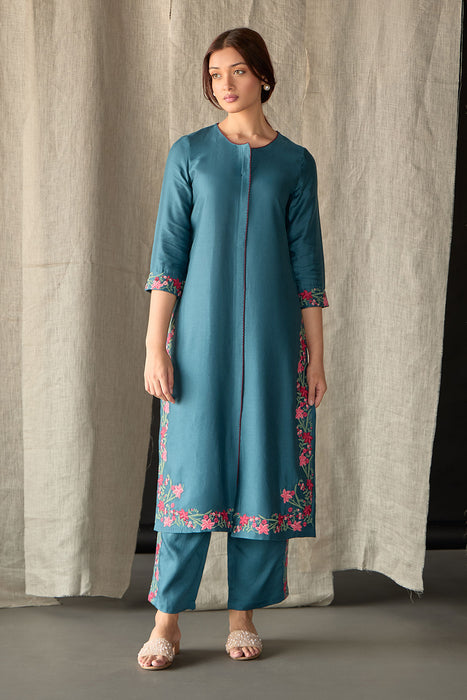 Teal Floral Ecovero Linen Kurta Set