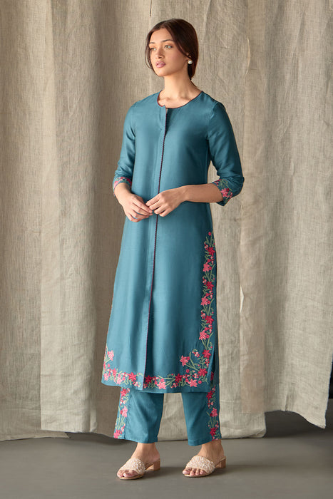 Teal Floral Ecovero Linen Kurta Set