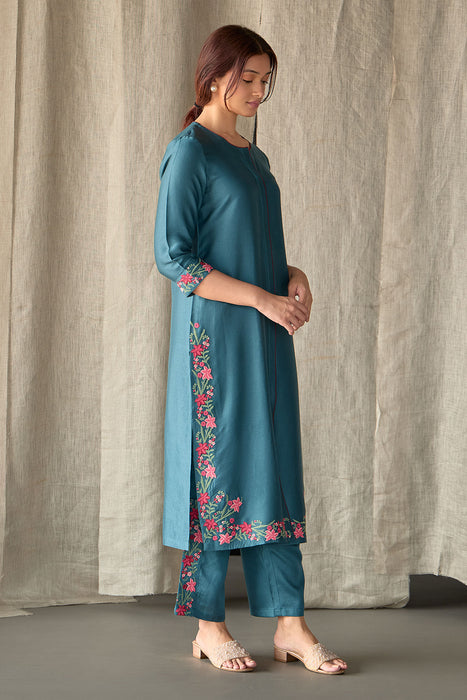 Teal Floral Ecovero Linen Kurta Set