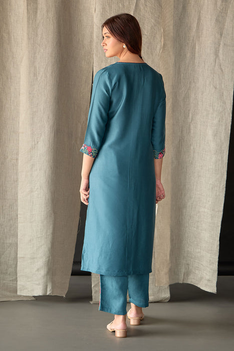 Teal Floral Ecovero Linen Kurta Set