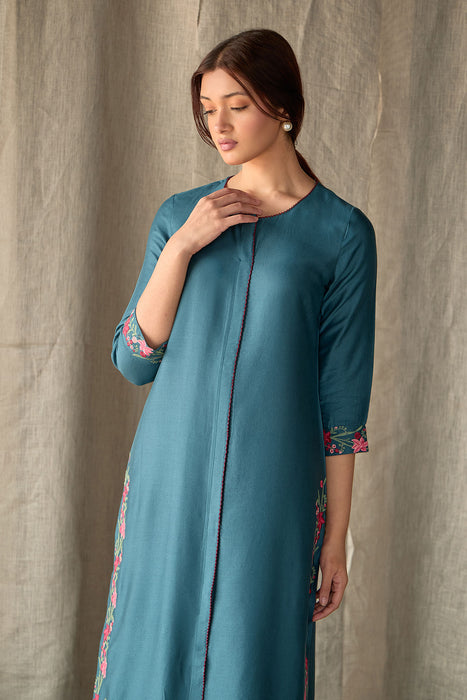 Teal Floral Ecovero Linen Kurta Set