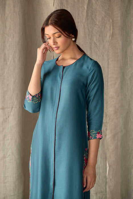 Teal Floral Ecovero Linen Kurta Set