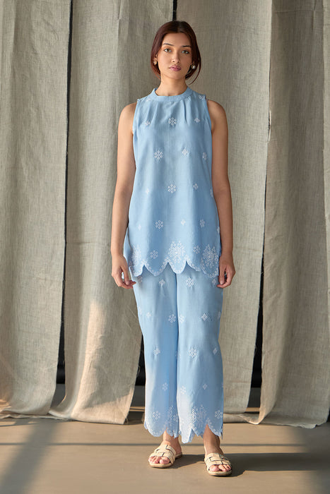 Hand Scalloped Sleeveless Linen Co-ord Set-Blue