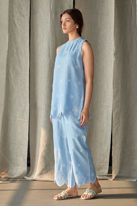 Hand Scalloped Sleeveless Linen Co-ord Set-Blue