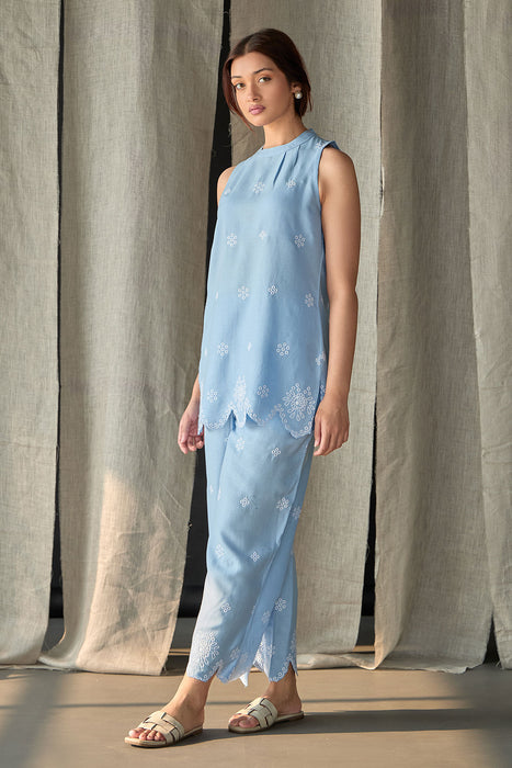 Hand Scalloped Sleeveless Linen Co-ord Set-Blue