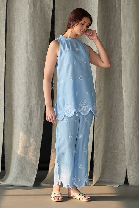Hand Scalloped Sleeveless Linen Co-ord Set-Blue