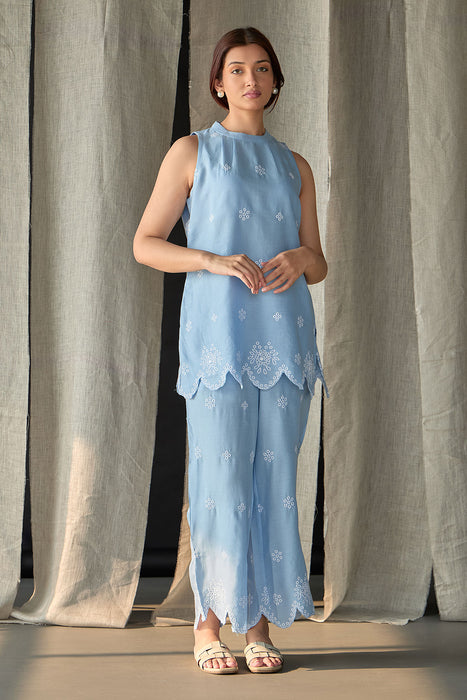 Hand Scalloped Sleeveless Linen Co-ord Set-Blue