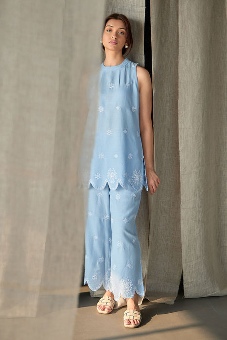 Hand Scalloped Sleeveless Linen Co-ord Set-Blue