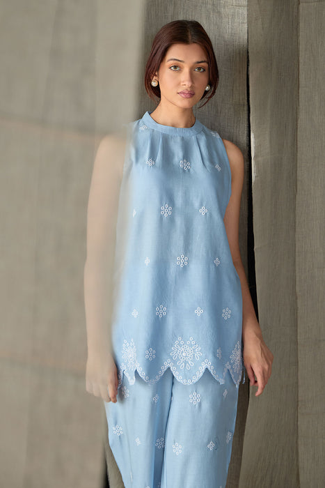 Hand Scalloped Sleeveless Linen Co-ord Set-Blue