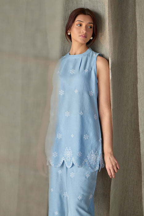 Hand Scalloped Sleeveless Linen Co-ord Set-Blue