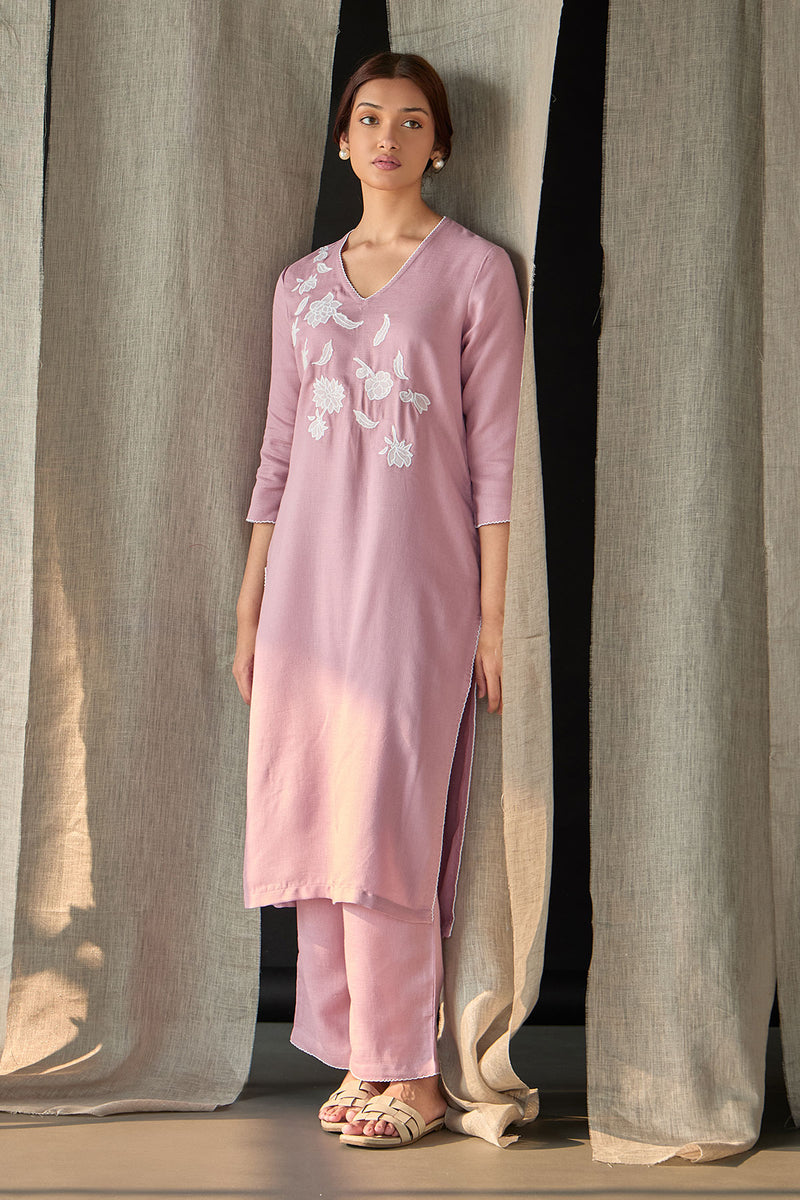 Blossom Pink Applique Linen Kurta Set