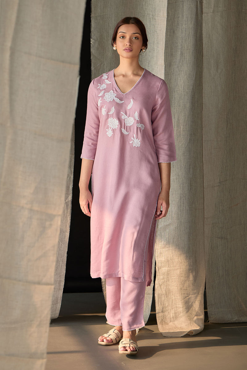 Blossom Pink Applique Linen Kurta Set