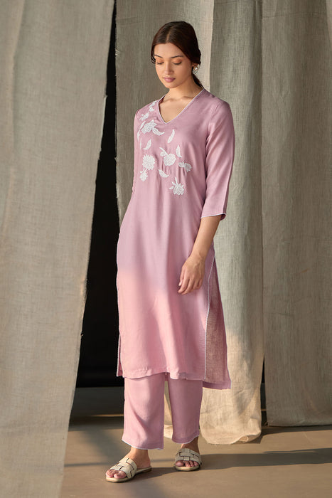 Blossom Pink Applique Linen Kurta Set