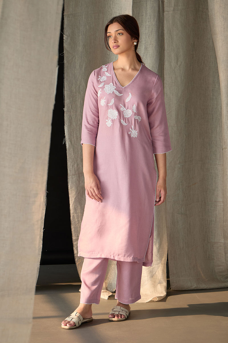 Blossom Pink Applique Linen Kurta Set