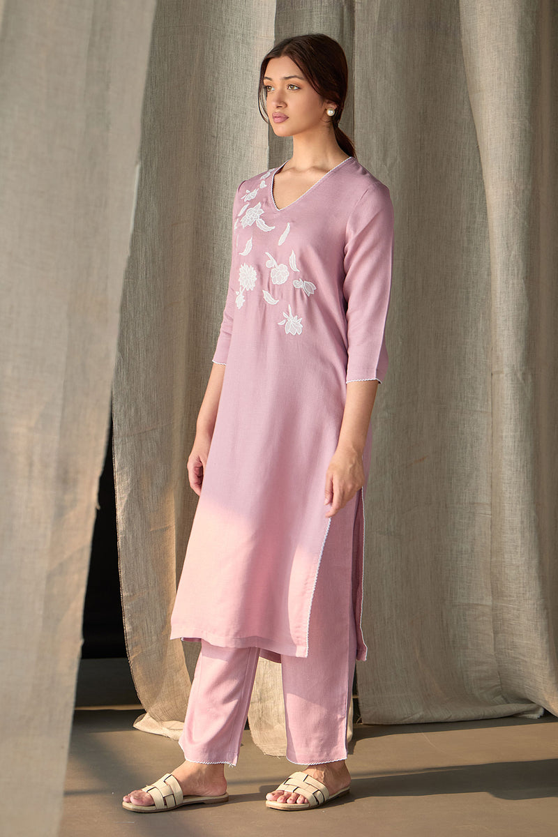 Blossom Pink Applique Linen Kurta Set