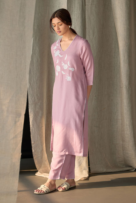 Blossom Pink Applique Linen Kurta Set