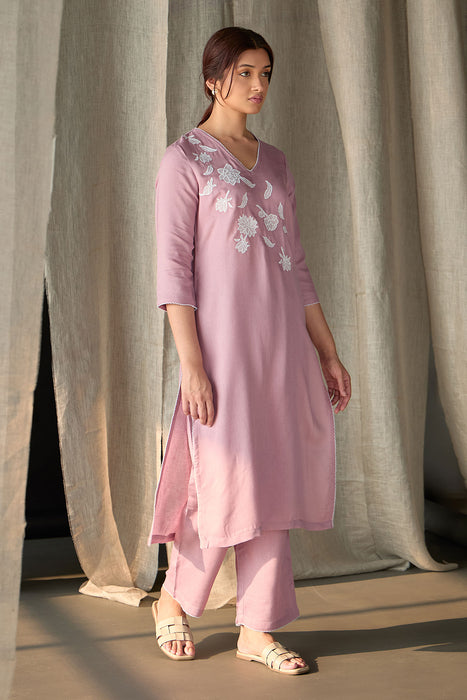 Blossom Pink Applique Linen Kurta Set