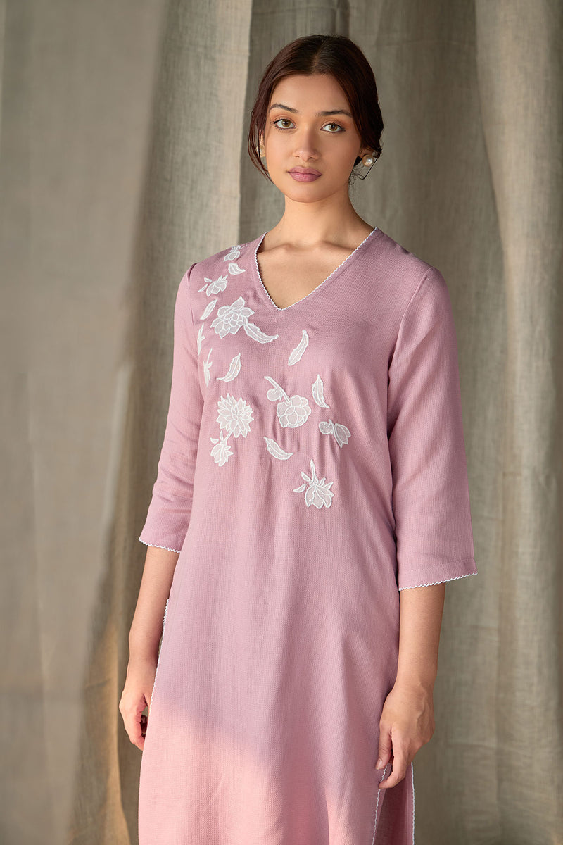 Blossom Pink Applique Linen Kurta Set