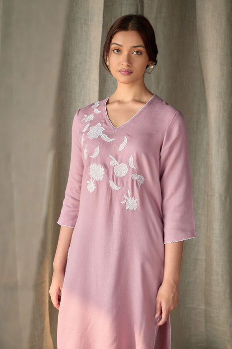 Blossom Pink Applique Linen Kurta Set