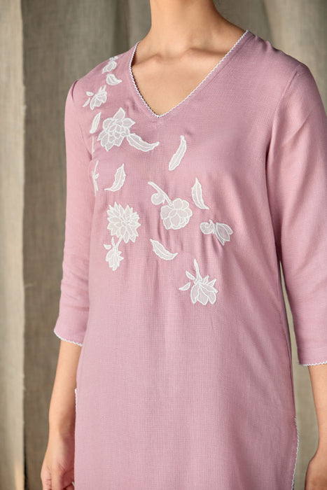 Blossom Pink Applique Linen Kurta Set